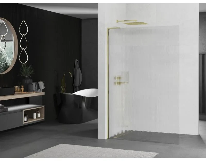 Mexen Kioto L, sprchová zástena Walk-In 70 x 200 cm, 8mm sklo s rebrovým vzorom, zlatý lesklý profil,800-070-103-50-09