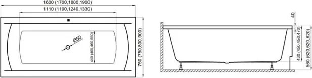 Polimat Akrylátová obdĺžniková vaňa Ines 160x75 (170x75, 180x80, 190x90) POLIMAT-Farba: Biela, POLIMAT-Rozmery: 190x90