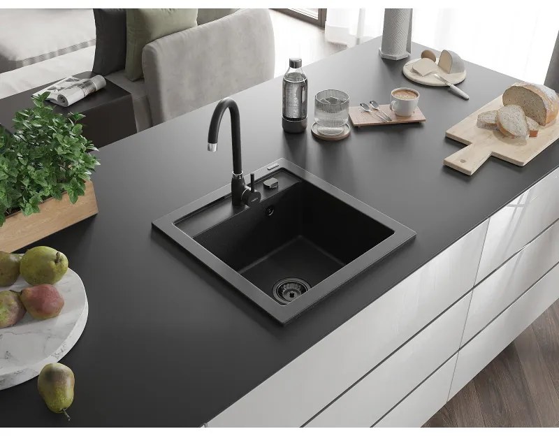 Mexen Vito, granitový drez 520x490x210 mm, 1-komorový, čierna-strieborná metalíza s čiernym sifónom, 6503521000-73-B