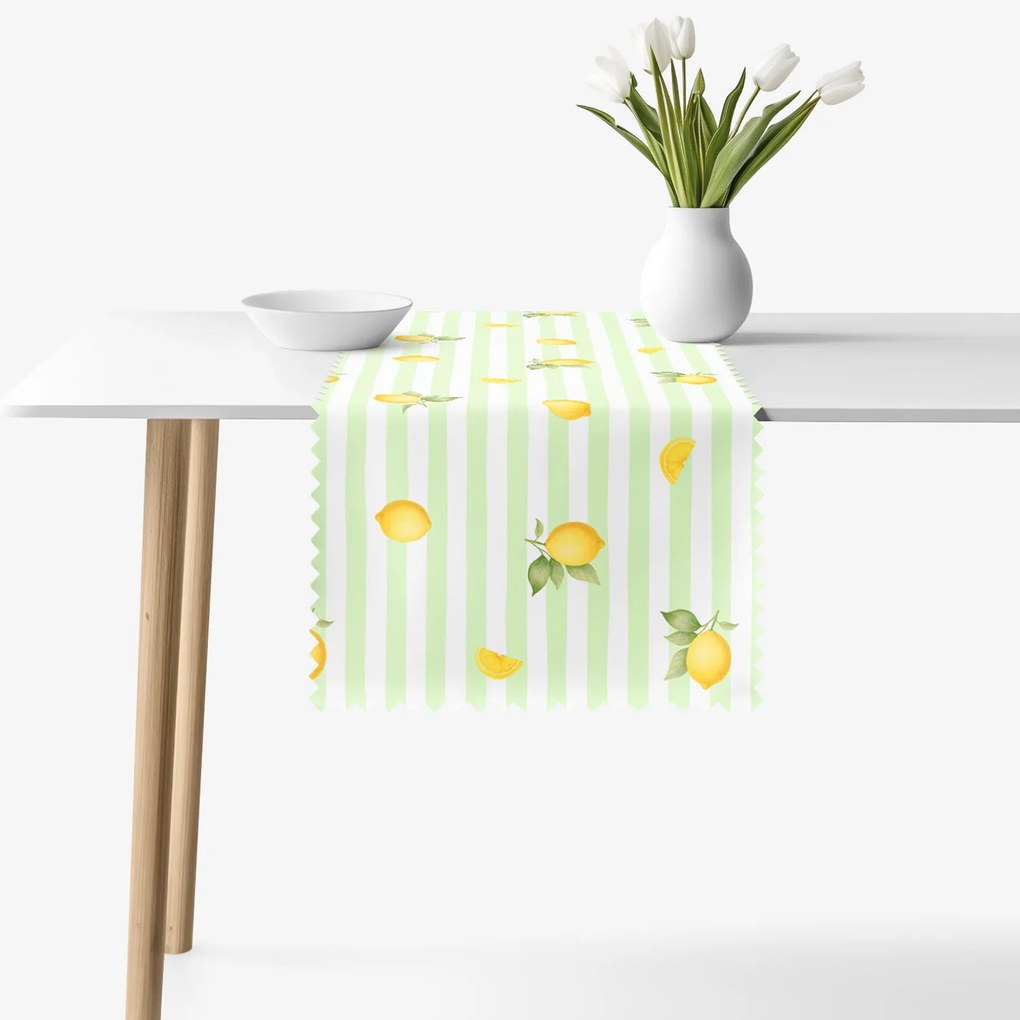 Goldea behúň na stôl teflónový - zelené prúžky s citrónmi 50x140 cm