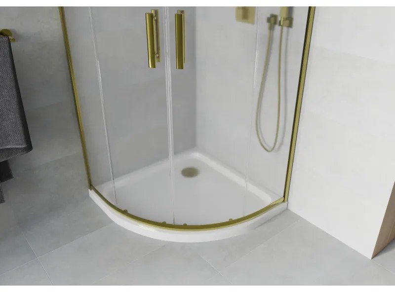 Mexen Rio, štvrťkruhový sprchovací kút s posuvnými dverami 90(dvere) x 90(dvere) x 190 cm, 6mm sklo námraza, zlatý profil + biela sprchová vanička SLIM, 863-090-090-50-30-4110G