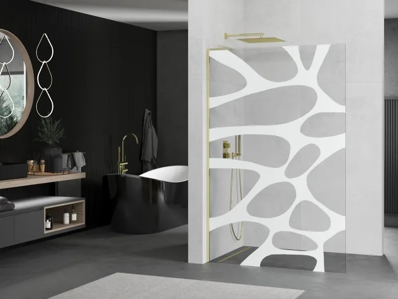 Mexen Kioto L, sprchová zástena Walk-In 120 x 200 cm, 8mm číre sklo biely vzor, zlatý lesklý profil,800-120-103-50-97