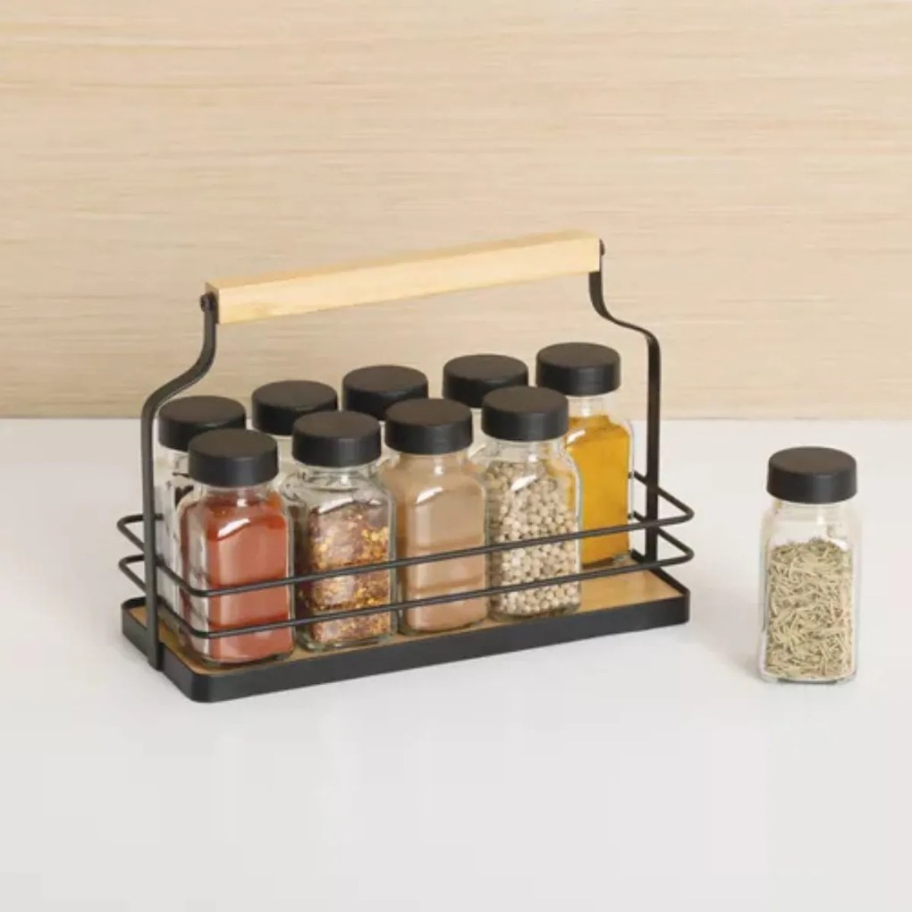 5Five® Košík s 10 hranatými koreničkami, čierne viečka, kov, drevo 22 x 9 x 16 cm