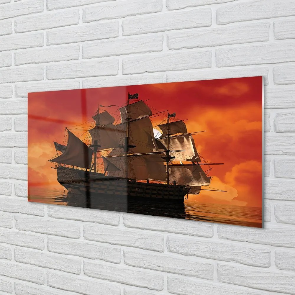 Obraz na skle Loď mora oranžová obloha 120x60 cm