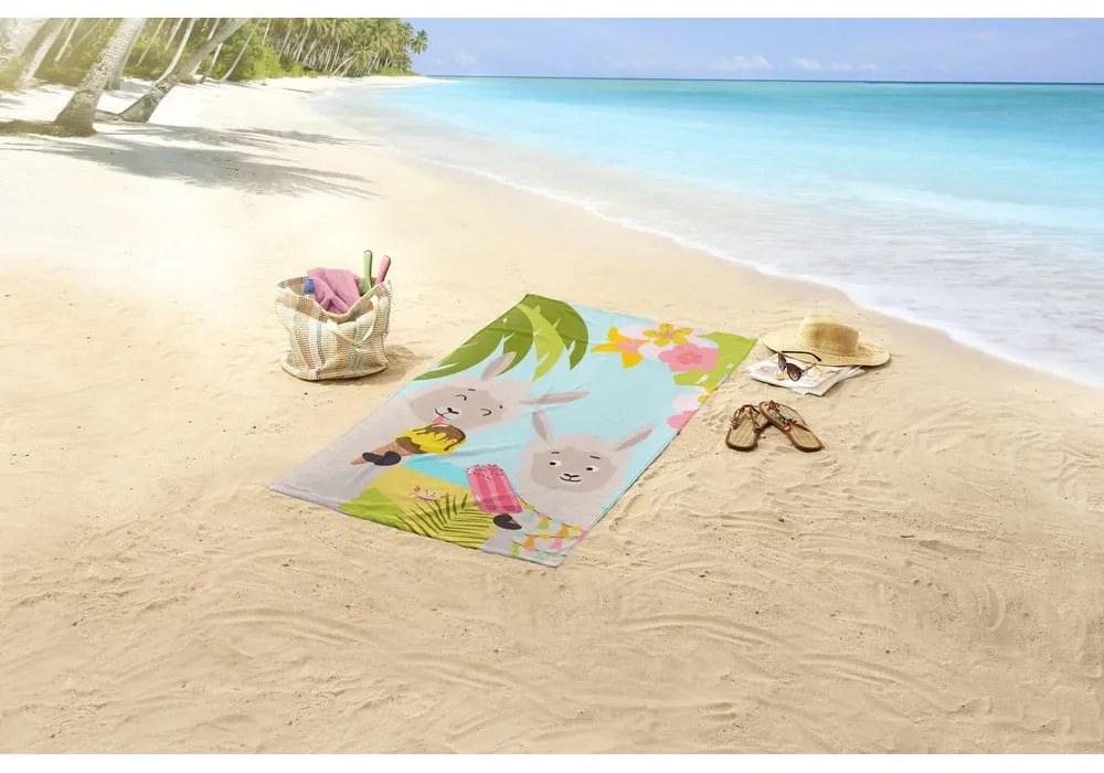 Detská zamatová plážová osuška 75x150 cm Happy lamas – Good Morning