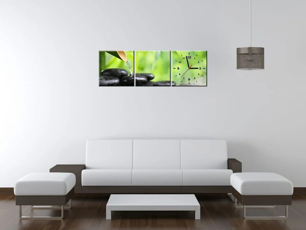 Gario Obraz s hodinami Bambusový pramienok a kamene - 3 dielny Rozmery: 80 x 40 cm