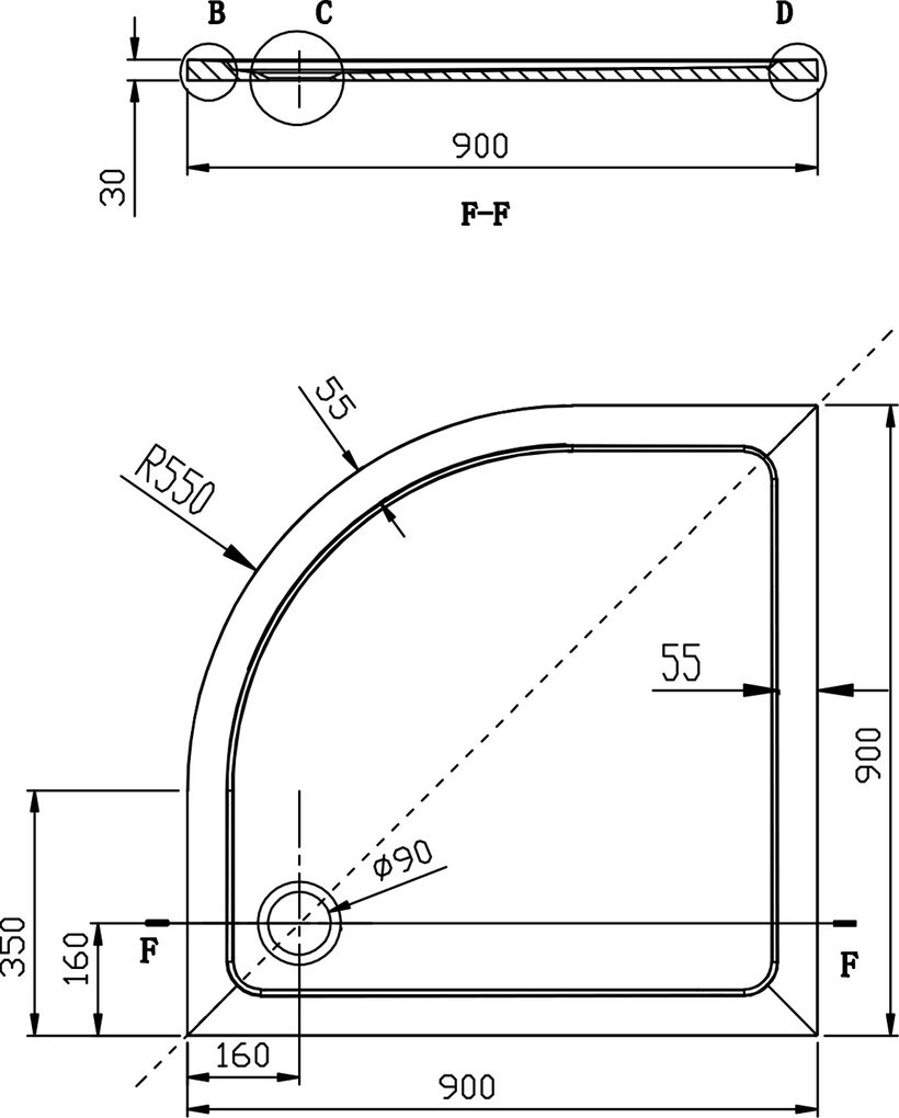 Aqualine TECMI sprchová vanička z liateho mramoru, štvrťkruh 90x90x3cm, R55 PQ559