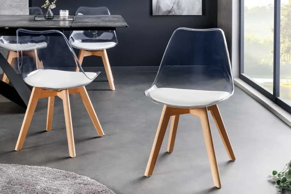 Dizajnová jedálenská stolička Scandinavia transparentná biela