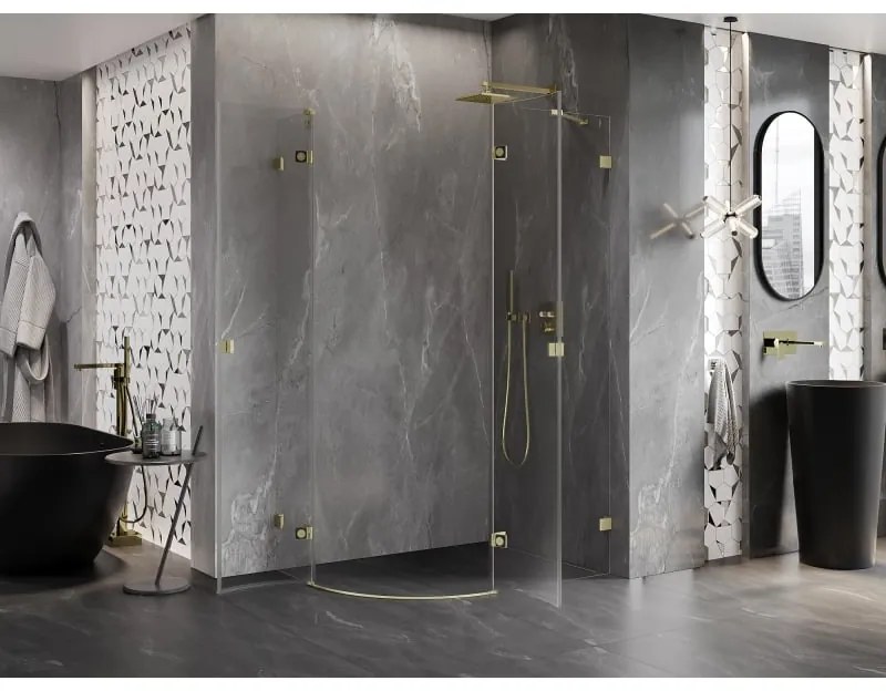 Mexen Lunar, pravý polkruhový sprchový kút 90 x 80 cm, 8mm číre sklo, zlatý matný profil, 833-090P-080L-55-00
