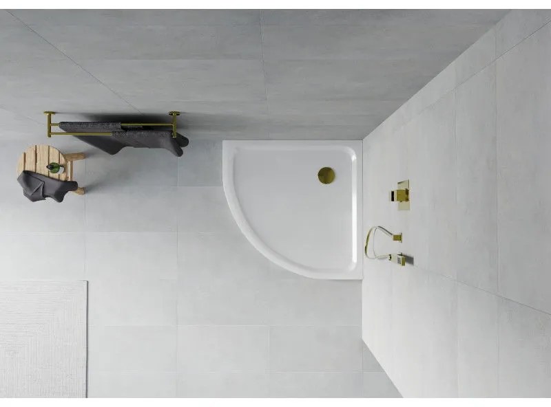 Mexen SLIM - Štvrťkruhová sprchová vanička 80x80x5cm + zlatý sifón, biela, 41108080G