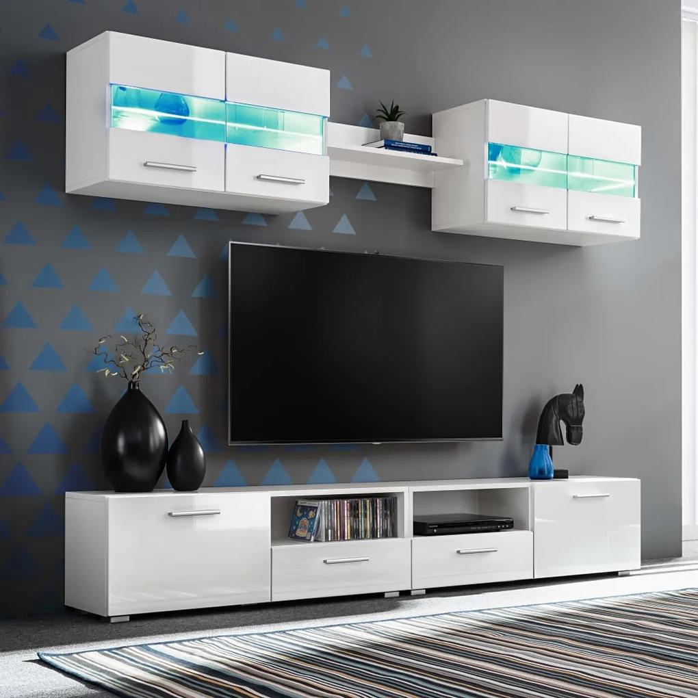 5-dielna TV obývacia stena s LED osvetlením, vysoko-lesklá biela