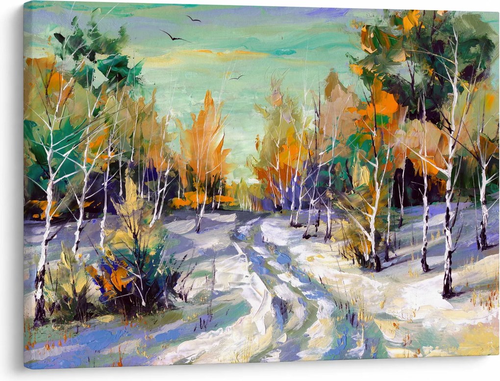 Obraz - Zasnežená cesta lesom, olejomaľba (70x50 cm)