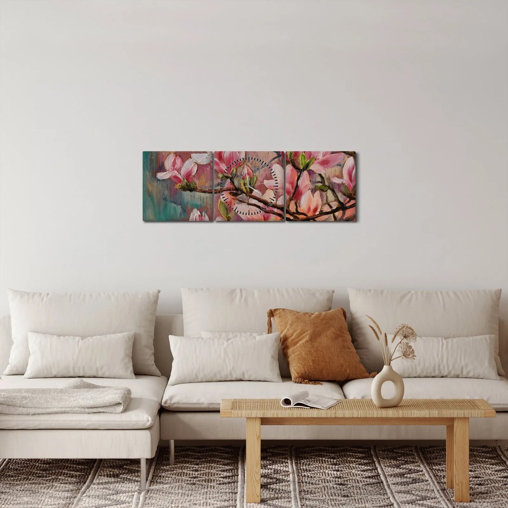 Obraz - Olejomaľba, Rozkvitnutá sakura (s hodinami) (90x30 cm)