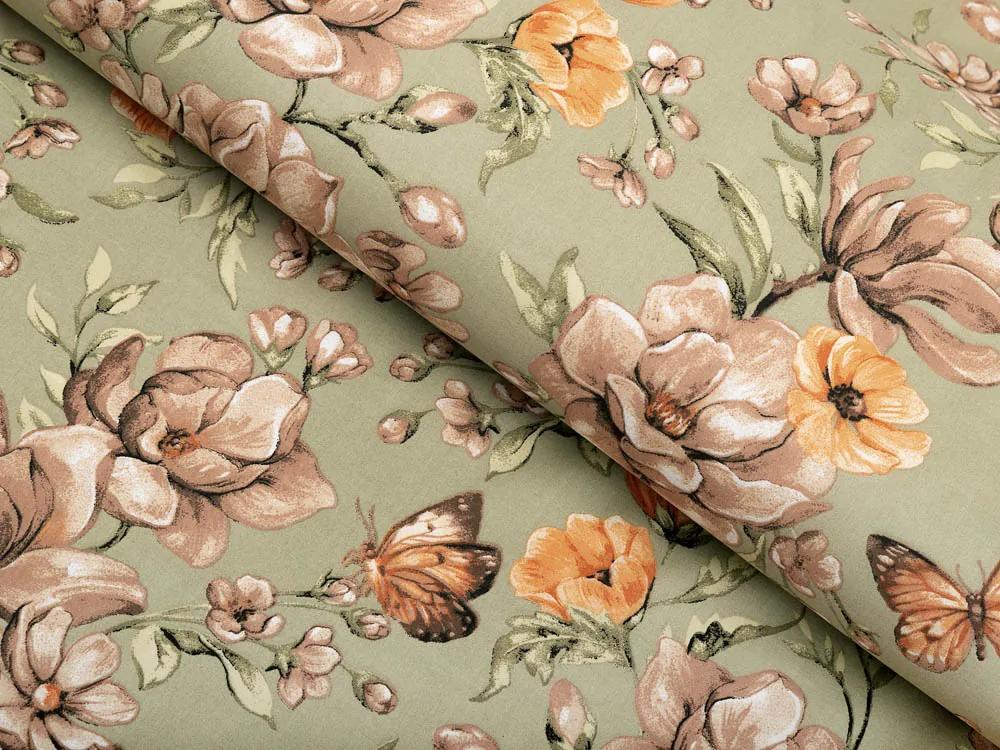 Biante Detské bavlnené posteľné obliečky do postieľky Sandra SA-472 Hnedé kvety magnólie na zelenom Do postieľky 90x140 a 40x60 cm