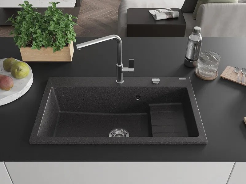 Mexen Omar žulový drez s 1 komorou 800 x 480 mm, čierno škvrnitý, sifón chróm - 6520801005-76