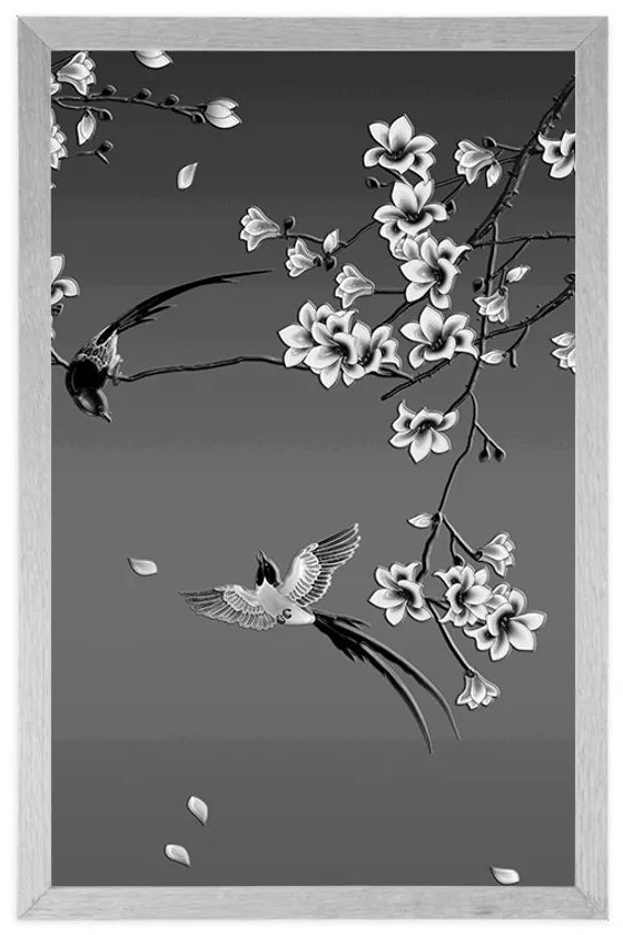 Plagát čiernobiele vtáčiky na konári stromu - 30x45 black
