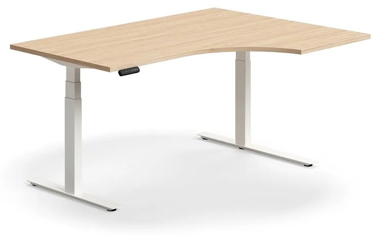 Výškovo nastaviteľný stôl QBUS, rohový, 1600x1200 mm, biely rám, dub