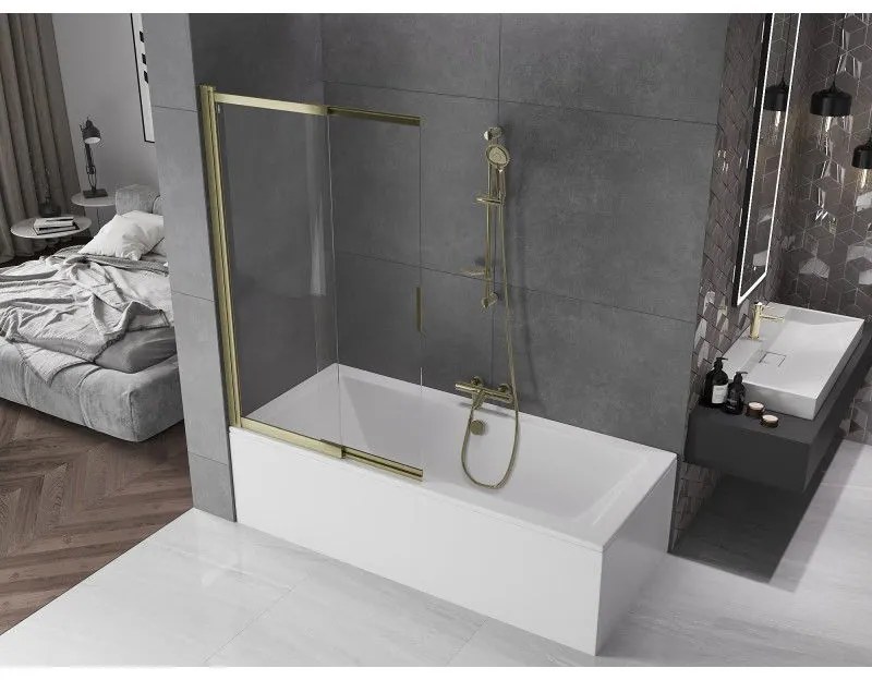 Mexen Fox, 2-krídlová posuvná vaňová zástena 100 × 150 cm, 5mm číre sklo, zlatý matný profil, 891-100-002-55-00