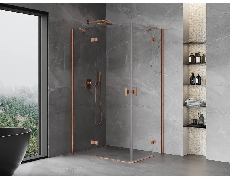 Mexen Mist-H Duo, 2-krídlový výklopný sprchový kút 115 x 110 cm, číre sklo, medený matný profil, 8A5-115L-110P-65-00