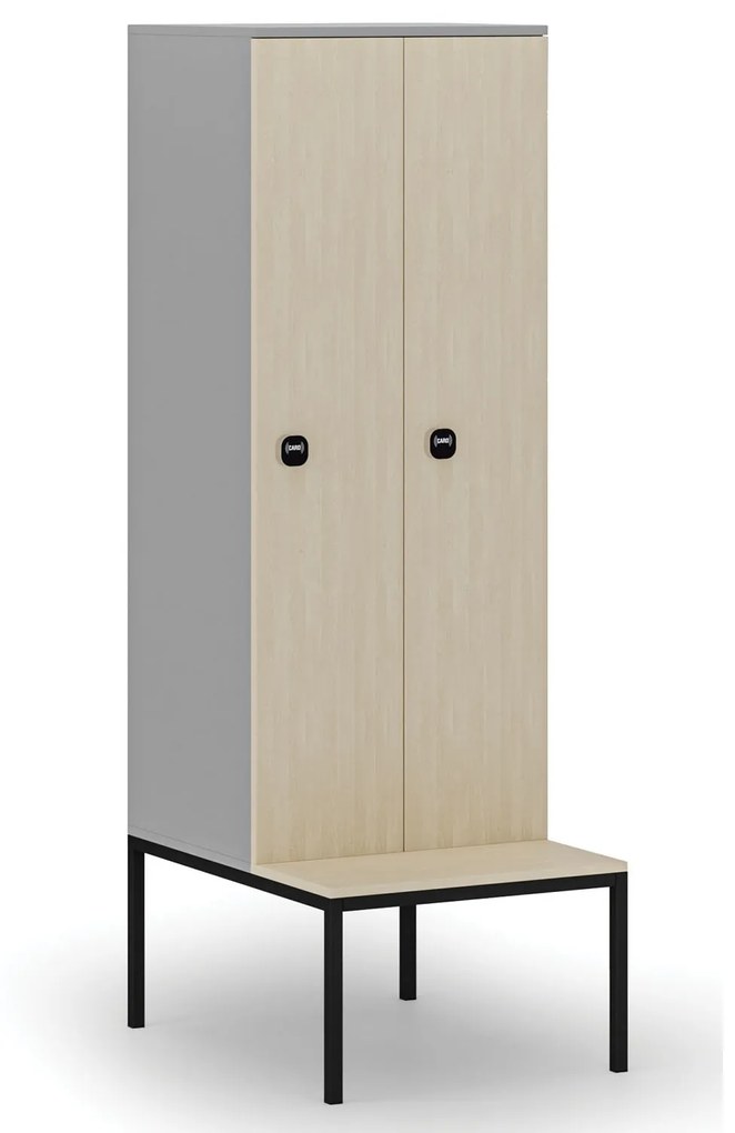 Drevená šatníková skrinka s lavičkou, 2 oddiely, 1871 x 600 x 500/800 mm, RFID zámok, sivá/breza