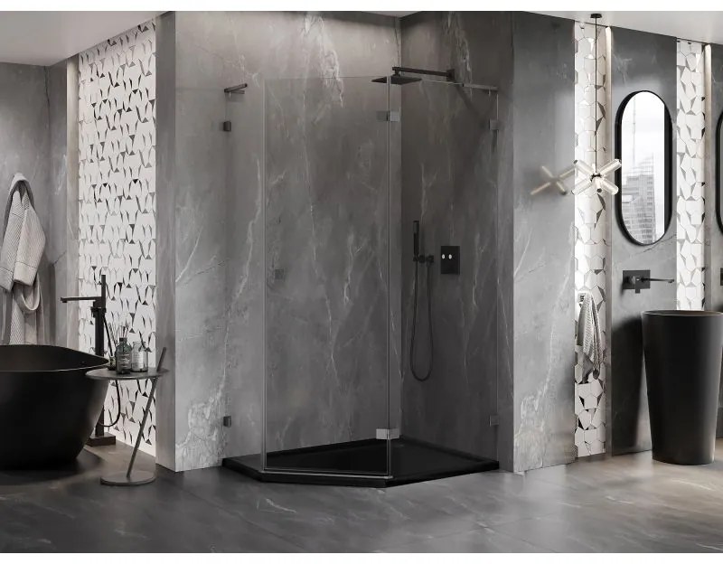Mexen Lunar, L pravý výklopný päťuholníkový sprchový kút 90x80 cm, 8mm číre sklo, profil grafit brúsený, 831L-090P-080L-66-00-P