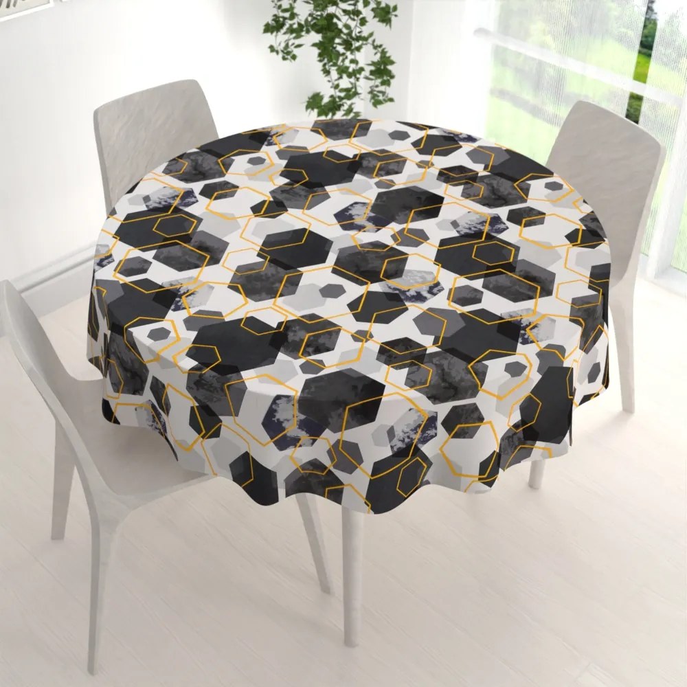 Biante Bavlnený okrúhly obrus Sandra SA-568 Sivo-modrofialové mramorové hexagóny na bielom Ø 70 cm