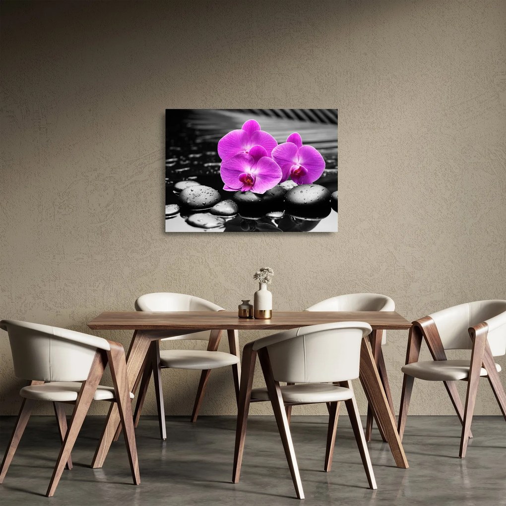 Sklenený obraz - Fialové orchidey (70x50 cm)