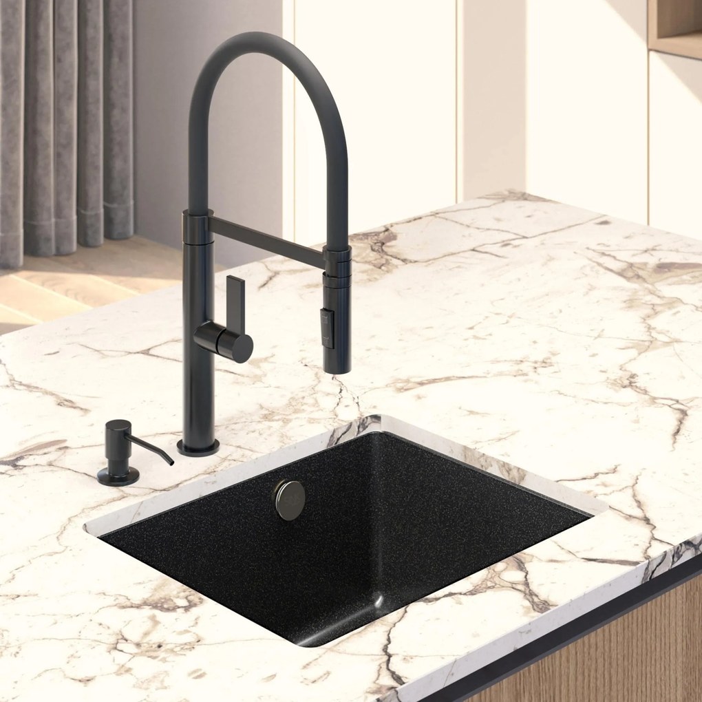 Sink Quality Crypton 55, kuchynský granitový drez 460x375x205 mm + čierny sifón, čierna škvrnitá, SKQ-CRY.B.1KBO.55.XB