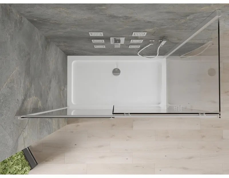 Mexen Omega, sprchovací kút s posuvnými dverami 140 (dvere) x 80 (stena) cm, 8mm číre sklo, chrómový profil + slim sprchová vanička 5cm, 825-140-080-01-00-4010