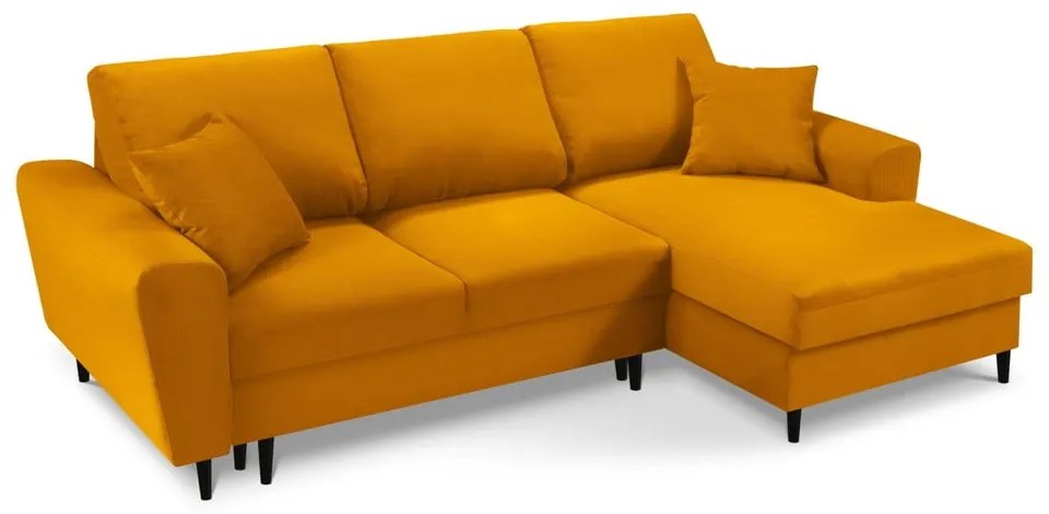 Menčestrová rozkladacia/s úložným priestorom rohová pohovka v horčicovej farbe (pravý roh/s leňoškou) Kyoto – Cosmopolitan Design