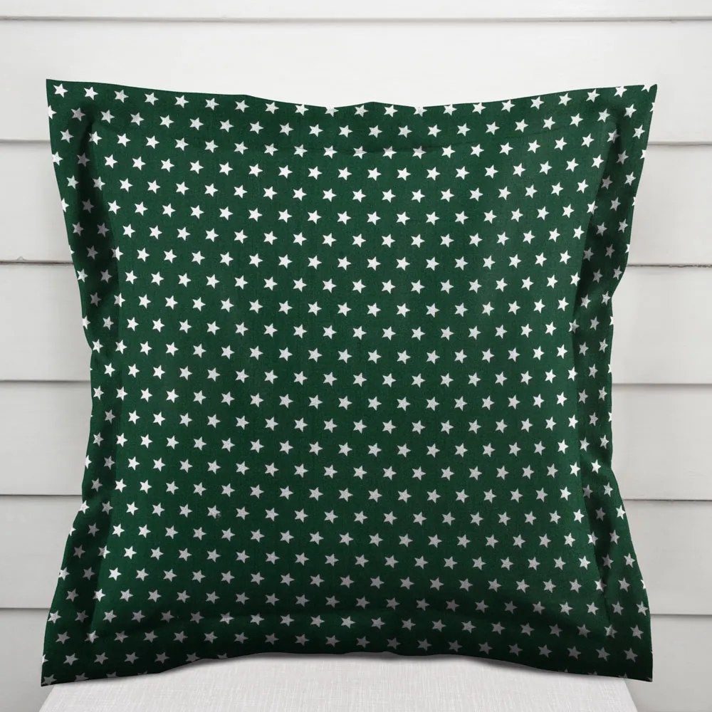 Biante Bavlnená obliečka na vankúš s lemom Sandra SA-350 Biele hviezdičky na tmavo zelenom 60 x 60 cm