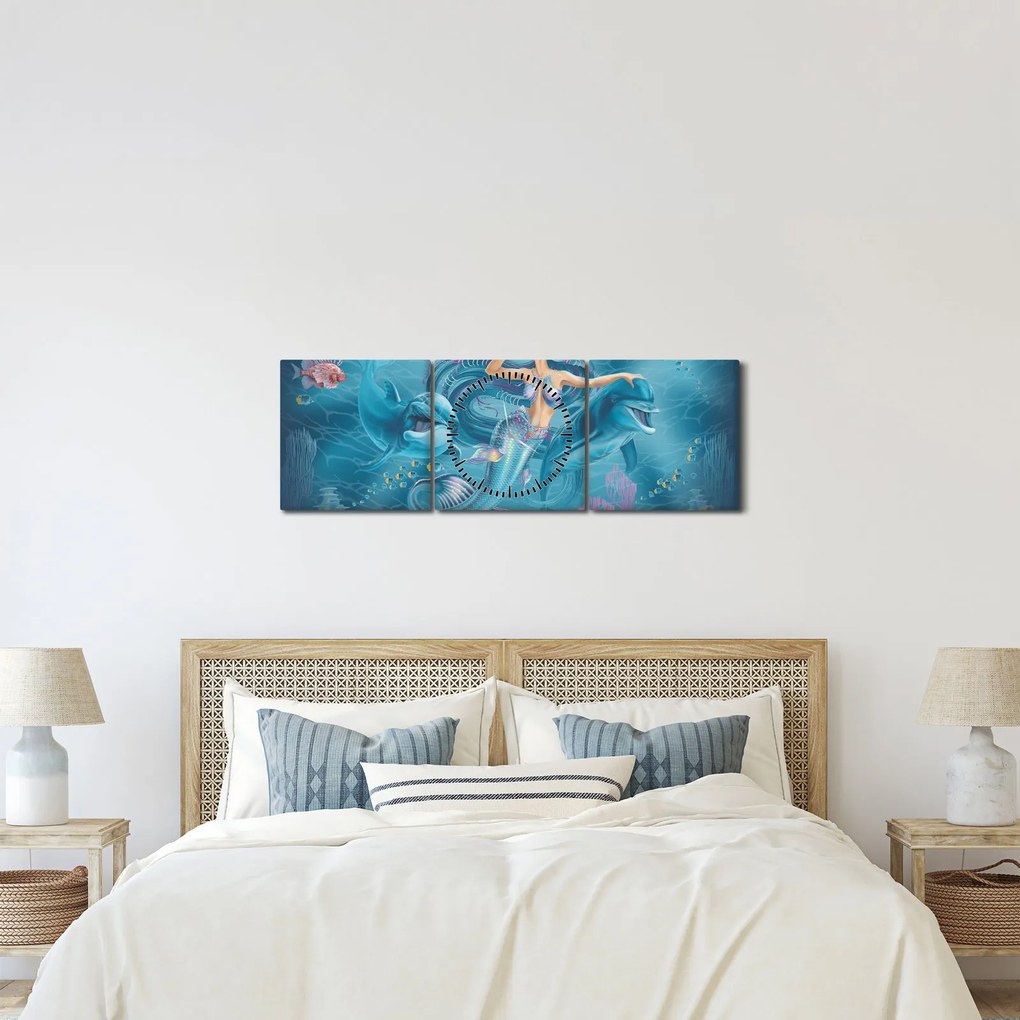 Obraz - Morská víla s delfínmi (s hodinami) (90x30 cm)