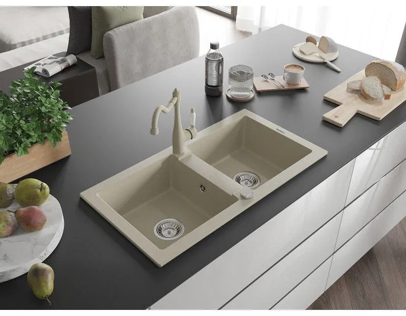 Mexen Mario, granitový drez 820x436x161 mm, 2-komorový a drezová batéria Carla, béžová, 6504-69-670700-69