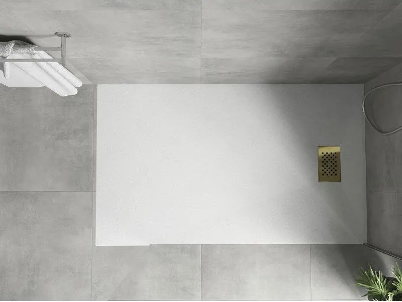 Mexen Hugo, obdĺžniková sprchová vanička SMC 140 x 80 cm, biela, zlatá krytka, 42108014-G