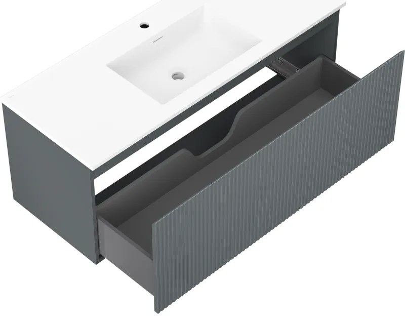 Mexen Rivel, kúpeľňová skrinka 120 cm s umývadlom Otis, 1 zásuvka, drážkovaná, grafitová matná/biela matná, 91A20-12047-1-BF66-W18M0