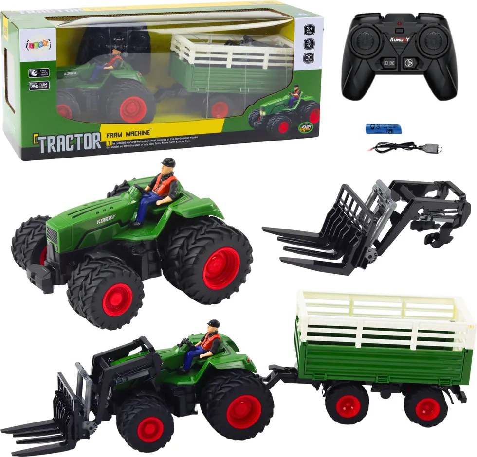 LEAN Toys Poľnohospodársky traktor s prívesom a vidlicami, dvojité kolesá, diaľkovo ovládaný RC