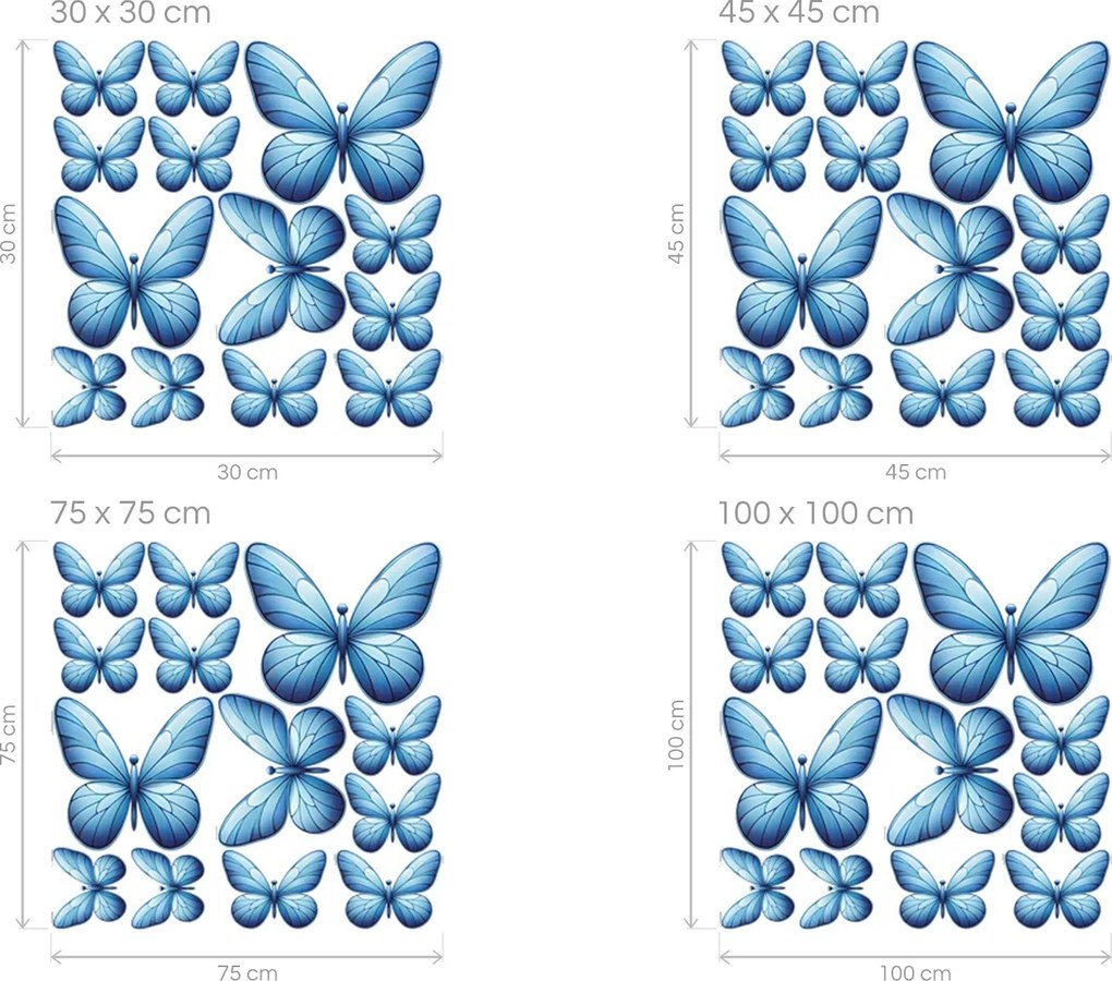 Motýle svetlomodré 13 ks textilné preliepateľné nálepky na stenu hárok 30 x 30 cm
