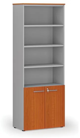 Kombinovaná kancelárska skriňa PRIMO GRAY, dvere na 2 poschodia, 2128 x 800 x 420 mm, sivá/čerešňa