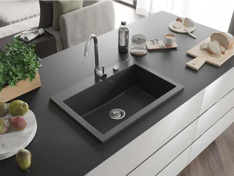 Mexen Elix granitový kuchynský drez 1-komorový 700 x 500 mm, čierny s bielymi škvrnami, chrómový sifón - 6526701005-76