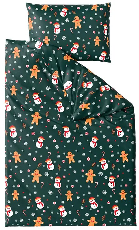 Sada mikroplyšových obliečok SNOWMAN AND GINGERBREAD zelené + obliečka mikroplyš SOFT 90x200 cm biele, jednolôžko