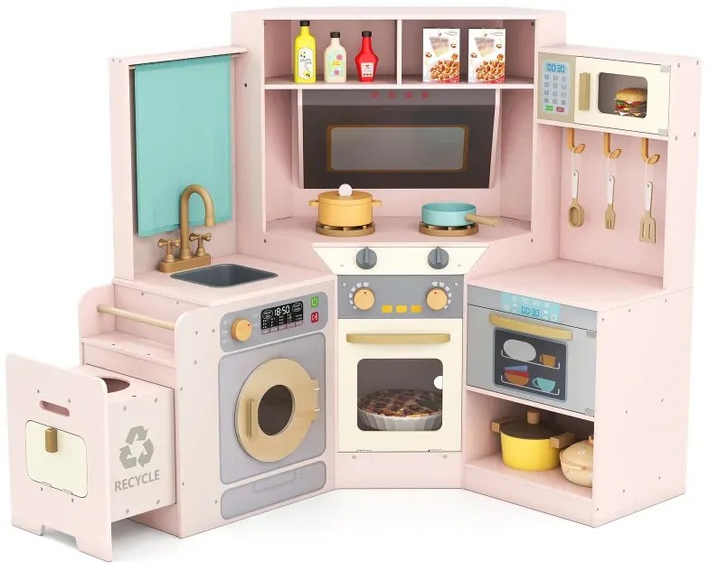 Rohová kuchyňa so svetlami a zvukmi Drevená kuchyňa s výsuvným košom Záclona Drez Varná doska Mikrovlnná ružová