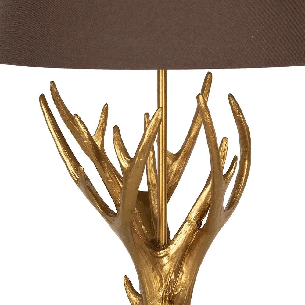 Zlatá stolná lampa s parožím a hnedým tienidlom - Ø 35*59 cm E27/max 1*60W
