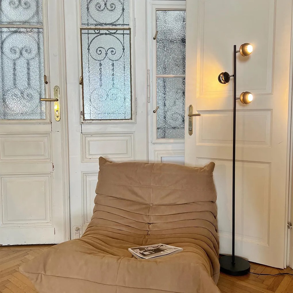Moderná stojaca lampa 3-svetlá čierna so zlatým vnútrom - Buell Deluxe