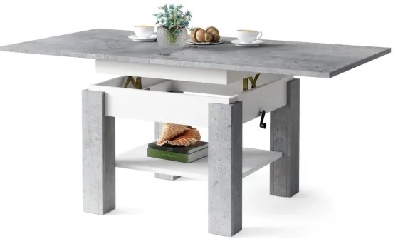 Rozkladací konferenčný/jedálny stôl so zvíhacou doskou CALEB šedá betón/biela
