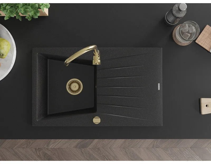 Mexen Cesar, granitový drez 775x470x190 mm, 1-komorový, čierna-strieborná metalíza so zlatým sifónom, 6514771010-73-G