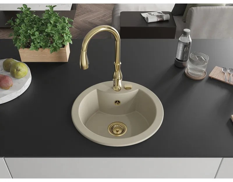 Mexen Diego, 1-komorový granitový drez 488x488x167 mm a drezová batéria Savita, béžová, 6512-69-672601-50