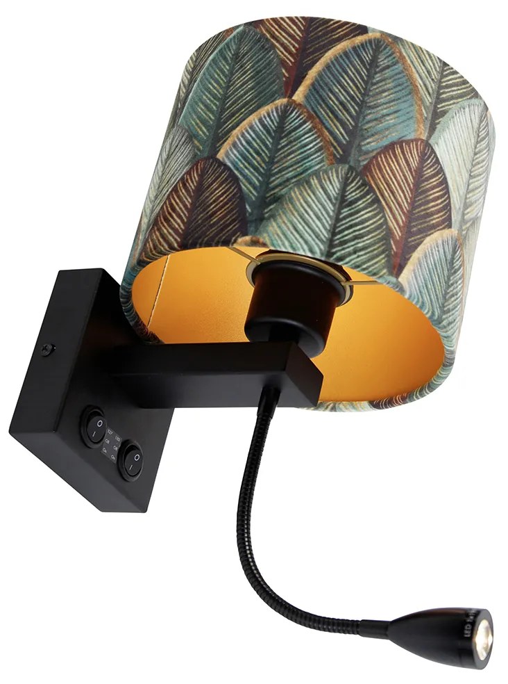 Nástenná lampa čierna s zamatovým tienidlom s dizajnom listu a zlatým vnútorným priestorom - Brescia Combi