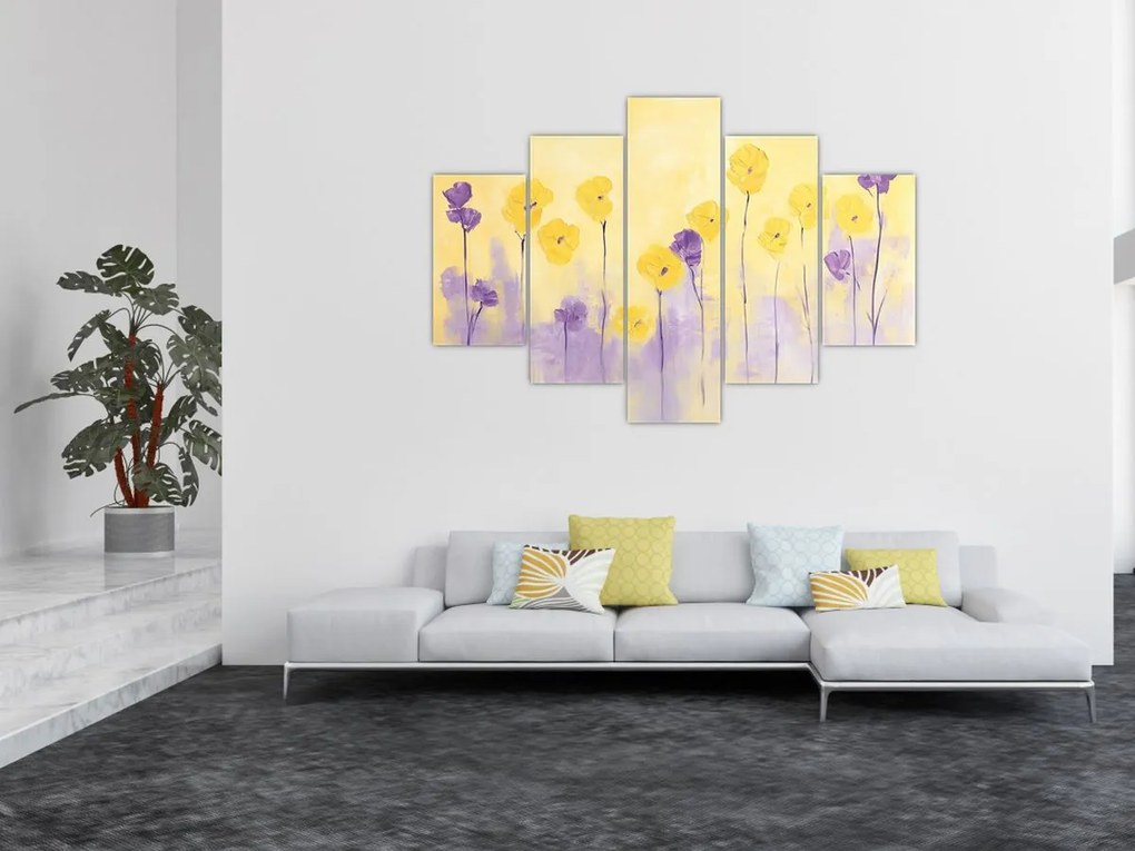Obraz - Fialové a žlté kvietky (150x105 cm)