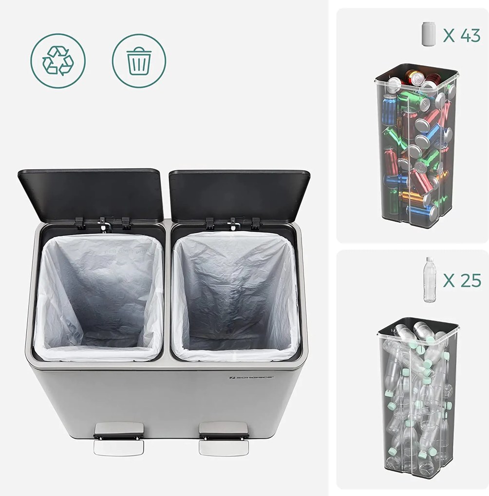 Odpadkový kôš s 2 plastovými vnútornými nádobami, 2 x 30 L, strieborný