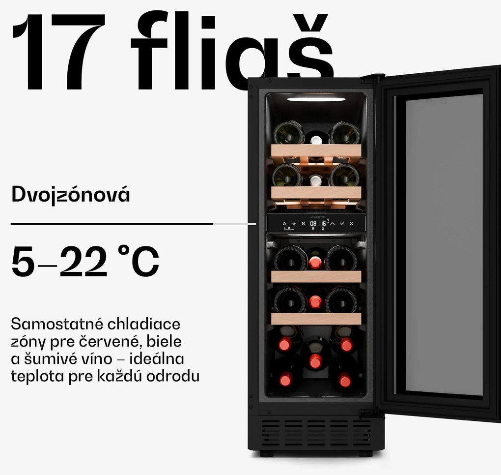Klarstein Velaire podpultová chladnička na víno, moderná, elegantná, UV ochrana, Dvojzónová, 17 fliaš